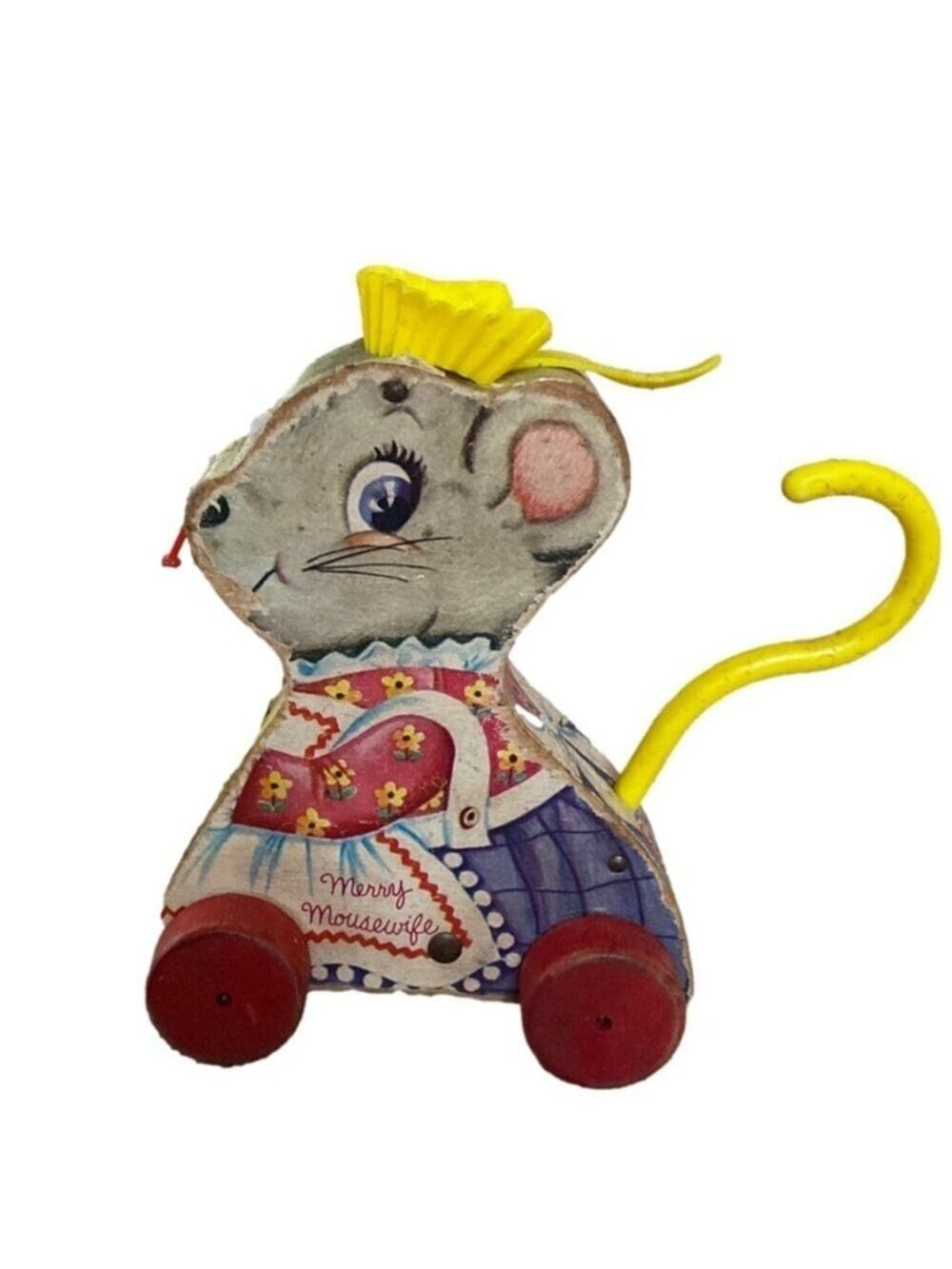 Vintage Fisher Price Pull Toy Merry Mousewife Wood 1960’s OS